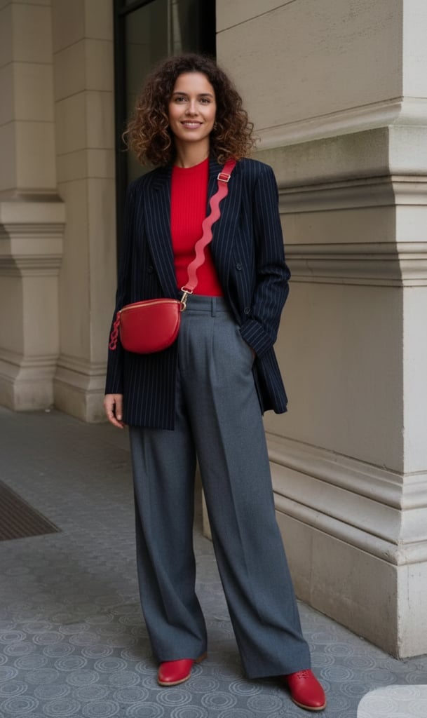 Red Crew Neck Top Under Navy Pinstripe Blazer Red Crew Neck Top Under Navy Pinstripe Blazer — Classy Red Top Outfits