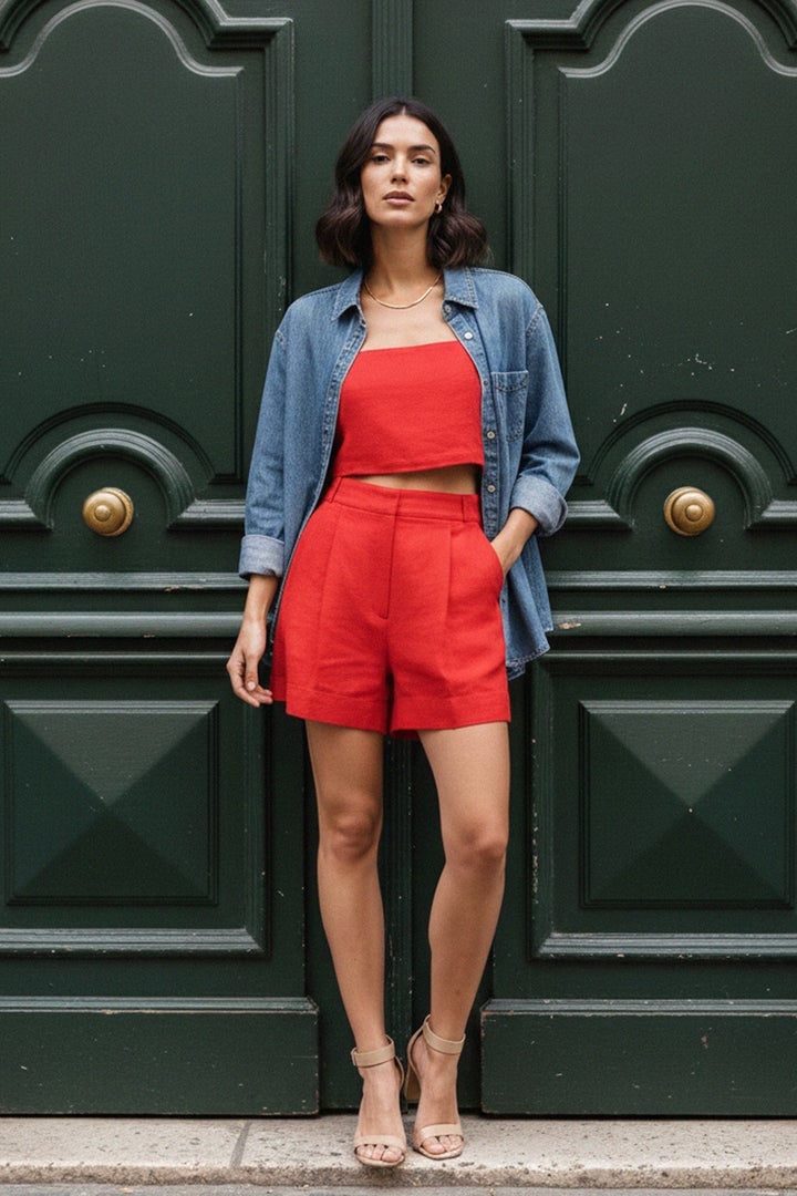 Red Linen Blend Crop Top With Matching Shorts Red Linen Blend Crop Top With Matching Shorts — Classy Red Top Outfits