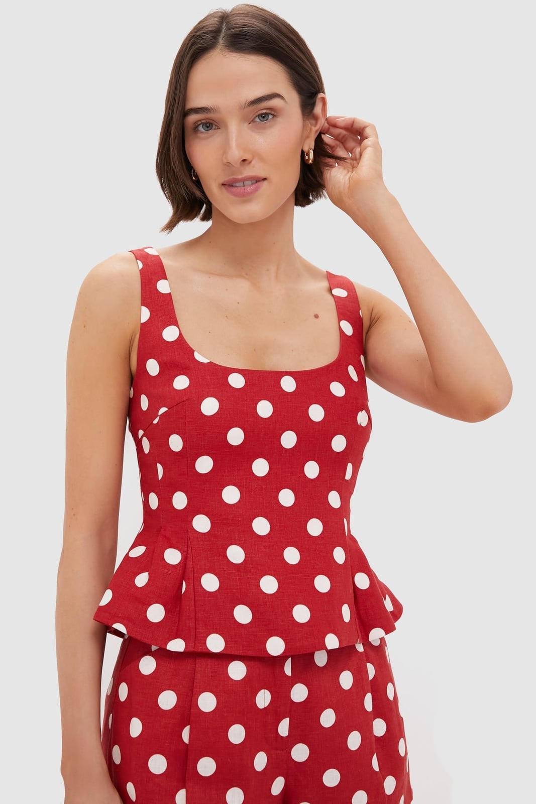 Red Sleeveless Peplum Top With Polka Dots Red Sleeveless Peplum Top With Polka Dots — Classy Red Top Outfits