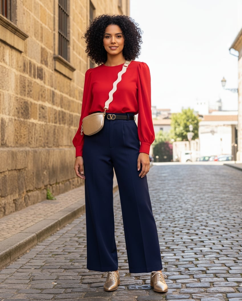 Red Puff Sleeve Top With Wide Leg Navy Trousers Red Puff Sleeve Top With Wide Leg Navy Trousers — Classy Red Top Outfits