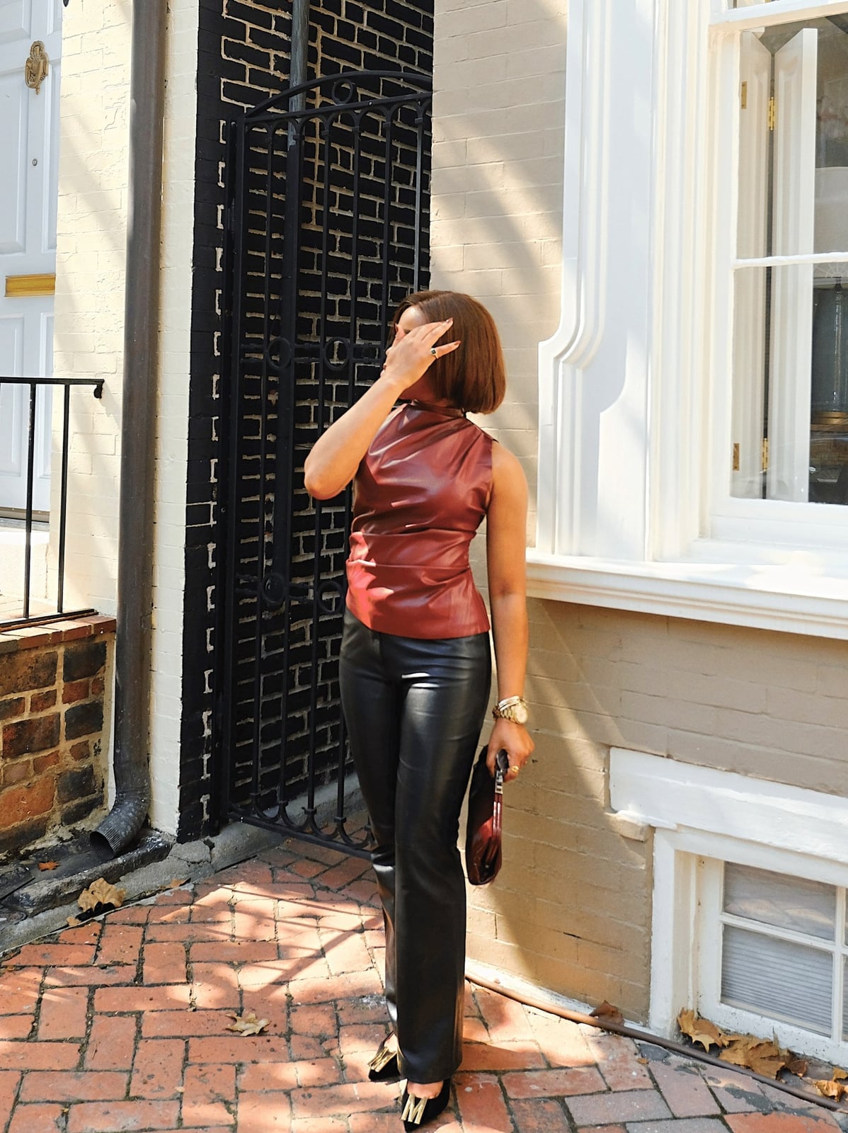 Deep Red Sleeveless High Neck Leather Top Deep Red Sleeveless High Neck Leather Top — Classy Red Top Outfits