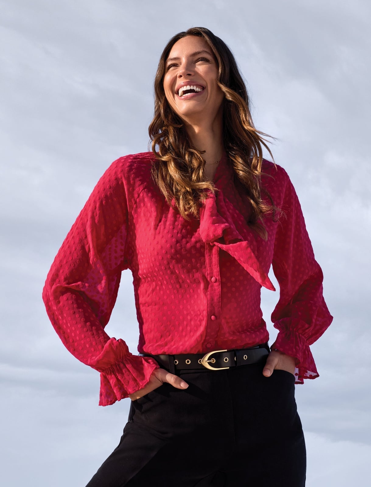 Textured Red Blouse With Pussy Bow Detail Textured Red Blouse With Pussy Bow Detail — Classy Red Top Outfits