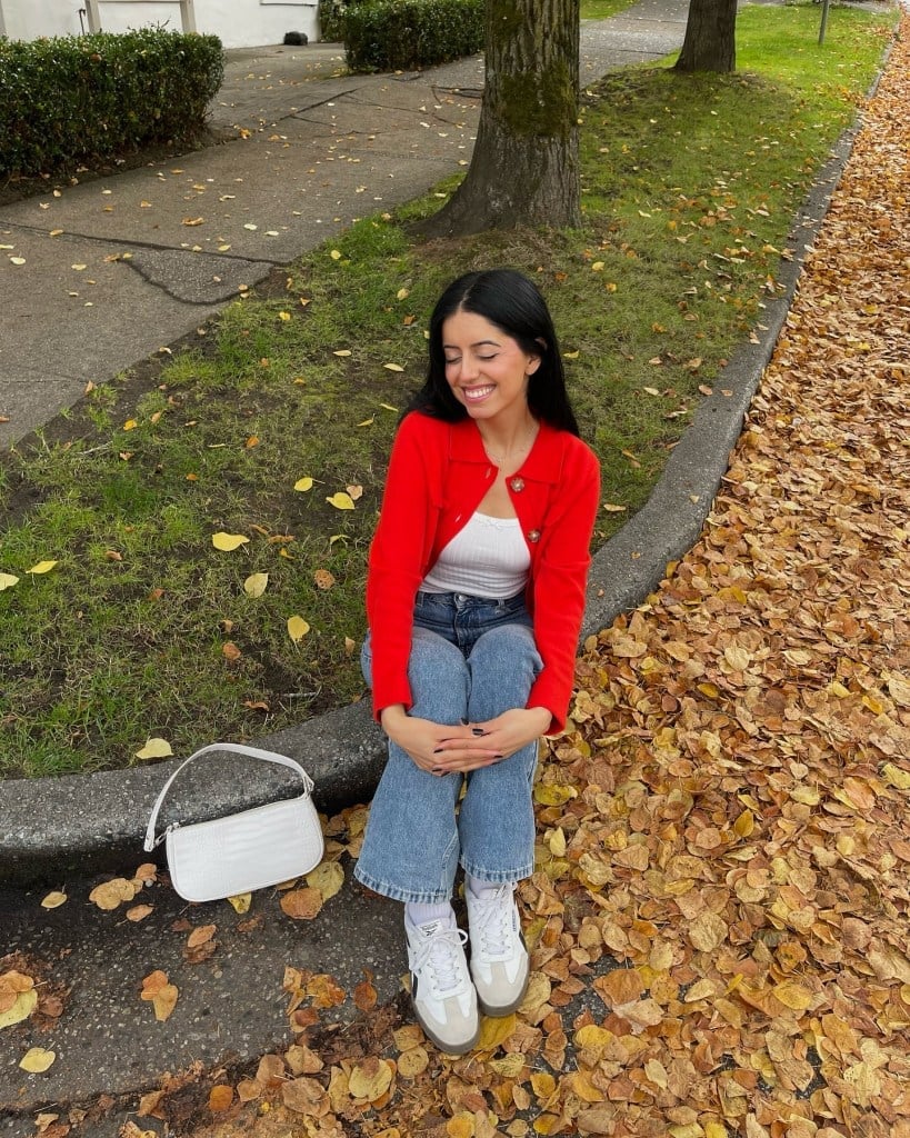 Red Button-Up Cardigan Over White Tank Red Button-Up Cardigan Over White Tank — Classy Red Top Outfits