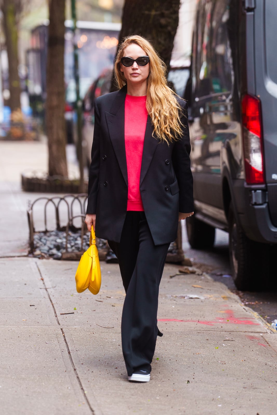 Bright Red Crewneck Under Black Blazer Bright Red Crewneck Under Black Blazer — Classy Red Top Outfits