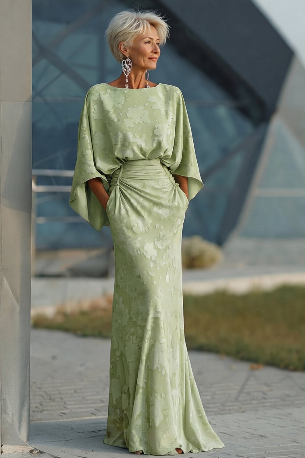 Sage green jacquard sheath maxi dress with cape sleeves — Classy Sage Green Dress