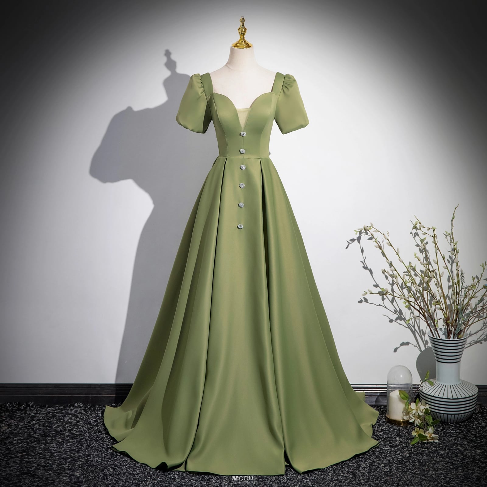 Sage green satin A-line princess prom dress — Classy Sage Green Dress