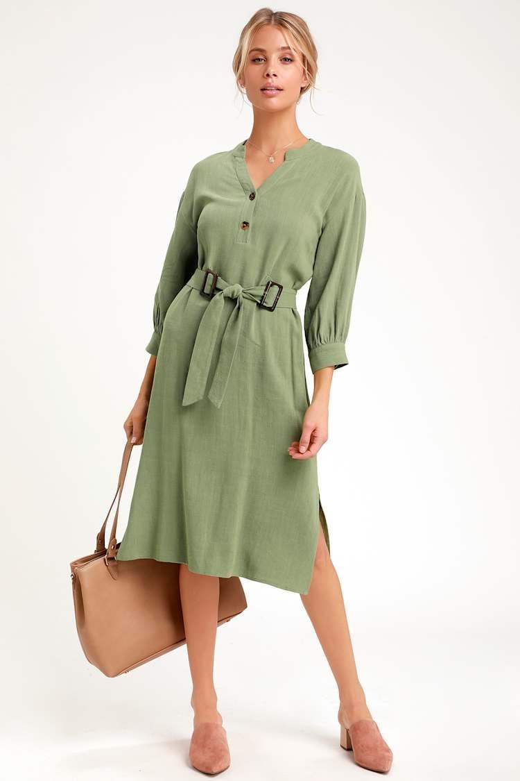 Sage green belted midi dress with V-neck and 3/4 sleeves — Classy Sage Green Dress