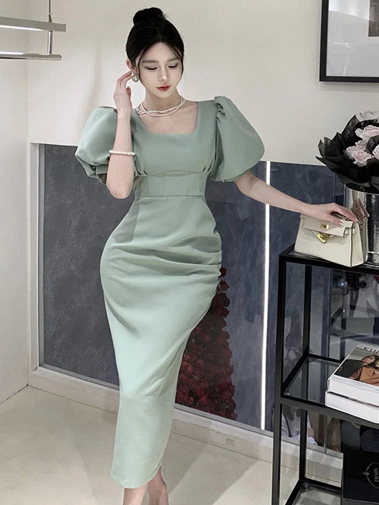 Green fitted midi dress with square neck and lantern sleeves — Classy Sage Green Dress