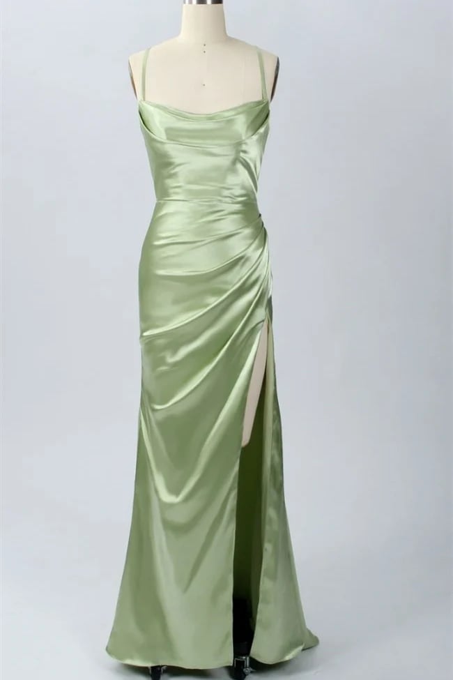 Sage green mermaid cowl neck long bridesmaid dress — Classy Sage Green Dress