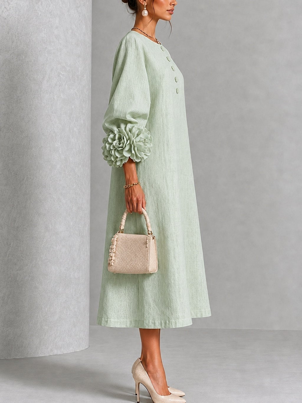 Sage green midi dress with round neck and balloon sleeves — Classy Sage Green Dress