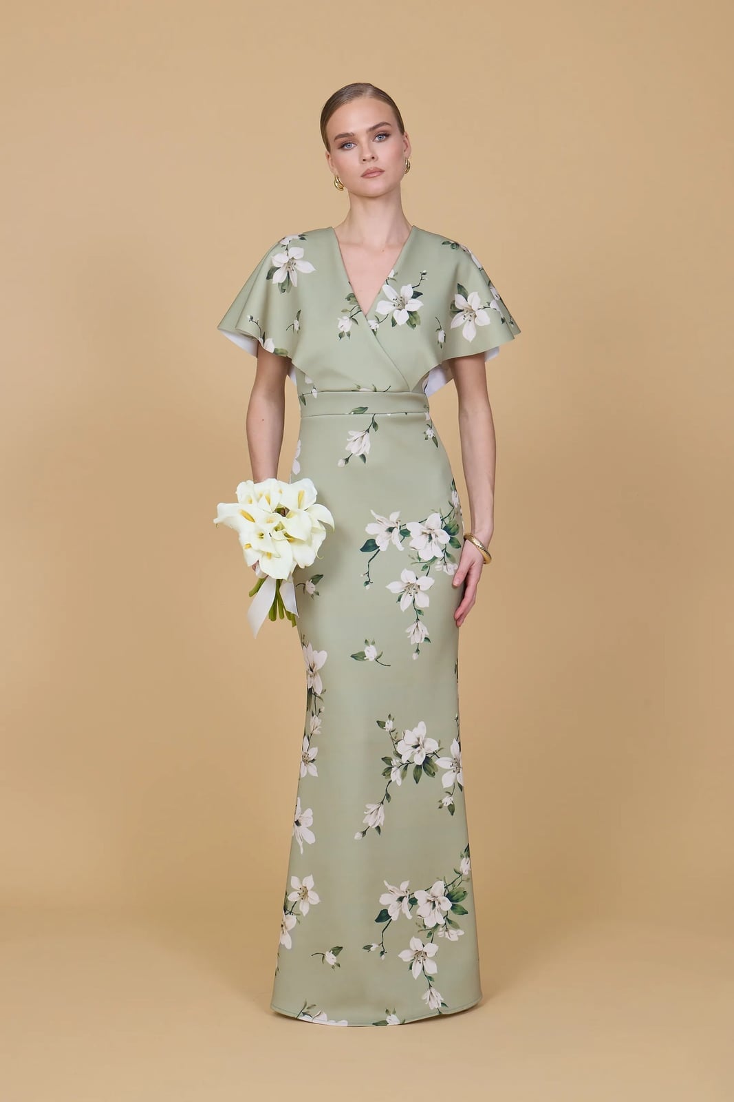 Sage green floral print wrap maxi dress with flutter sleeves — Classy Sage Green Dress