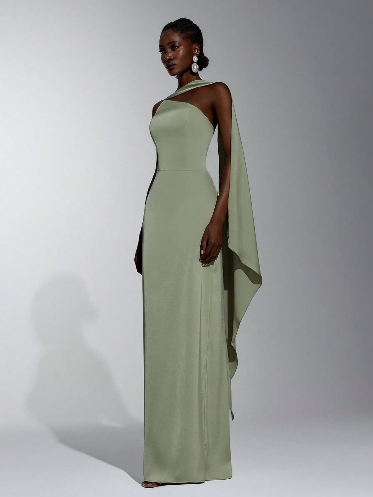 Sage green satin one-shoulder column dress — Classy Sage Green Dress