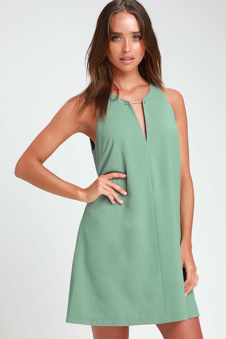 Sage green shift dress with keyhole neckline — Classy Sage Green Dress