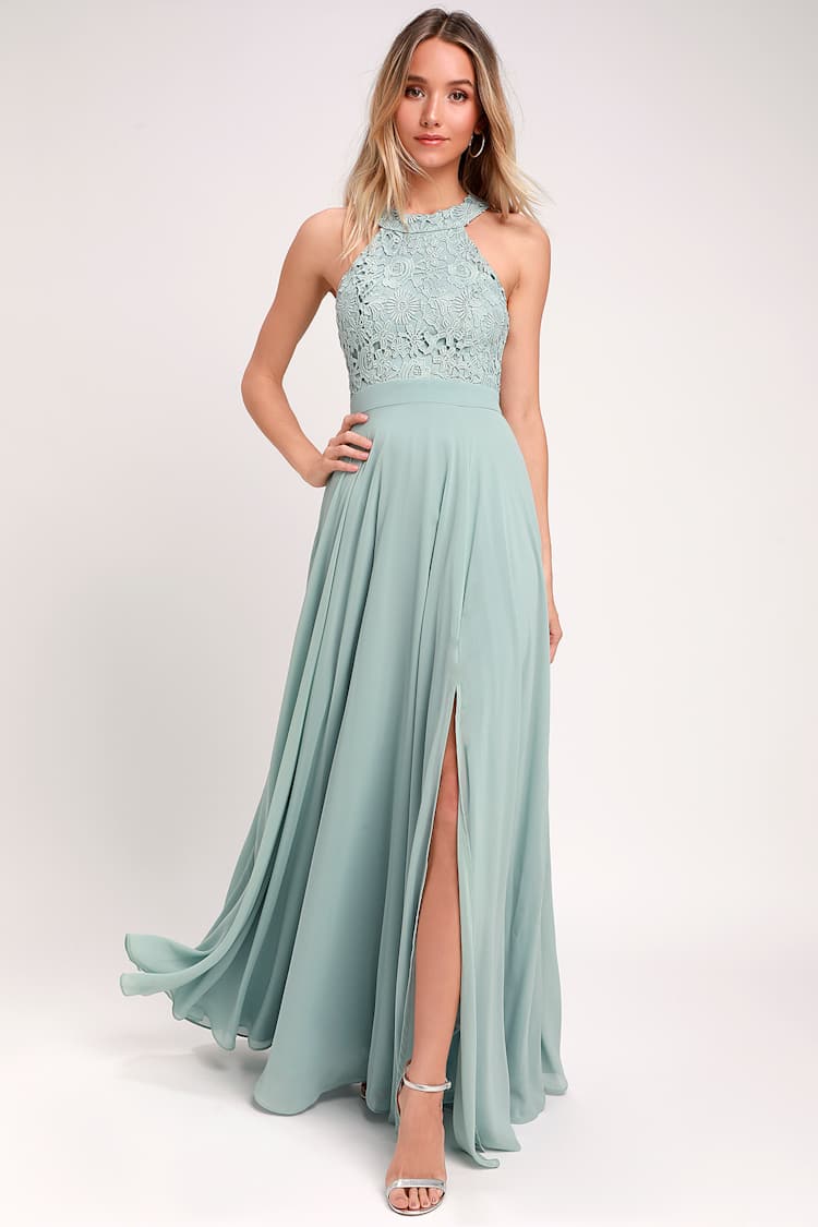 Pale sage green lace halter neck chiffon maxi dress — Classy Sage Green Dress