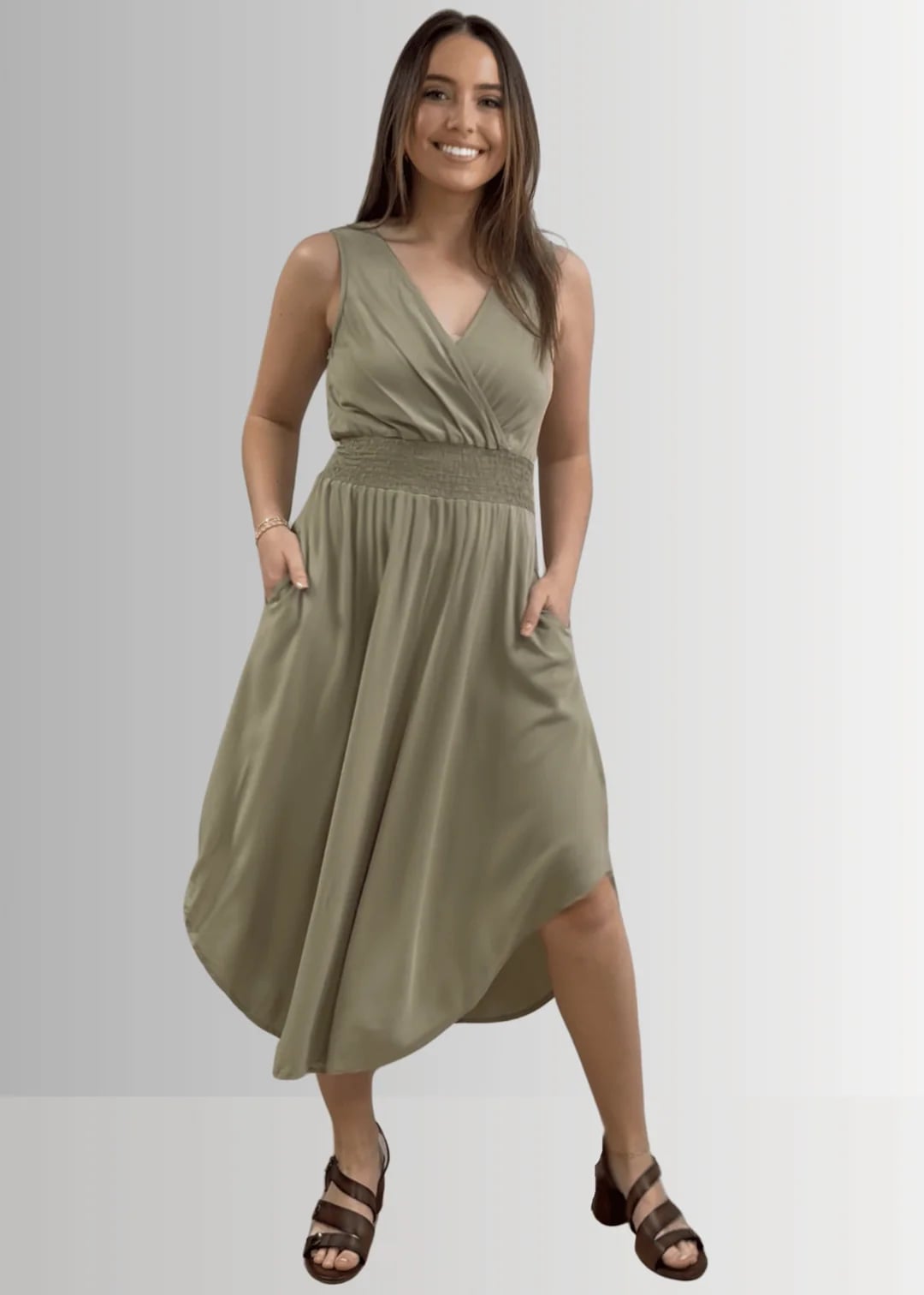 Olive green sleeveless V-neck midi dress with smocked waist — Classy Sage Green Dress