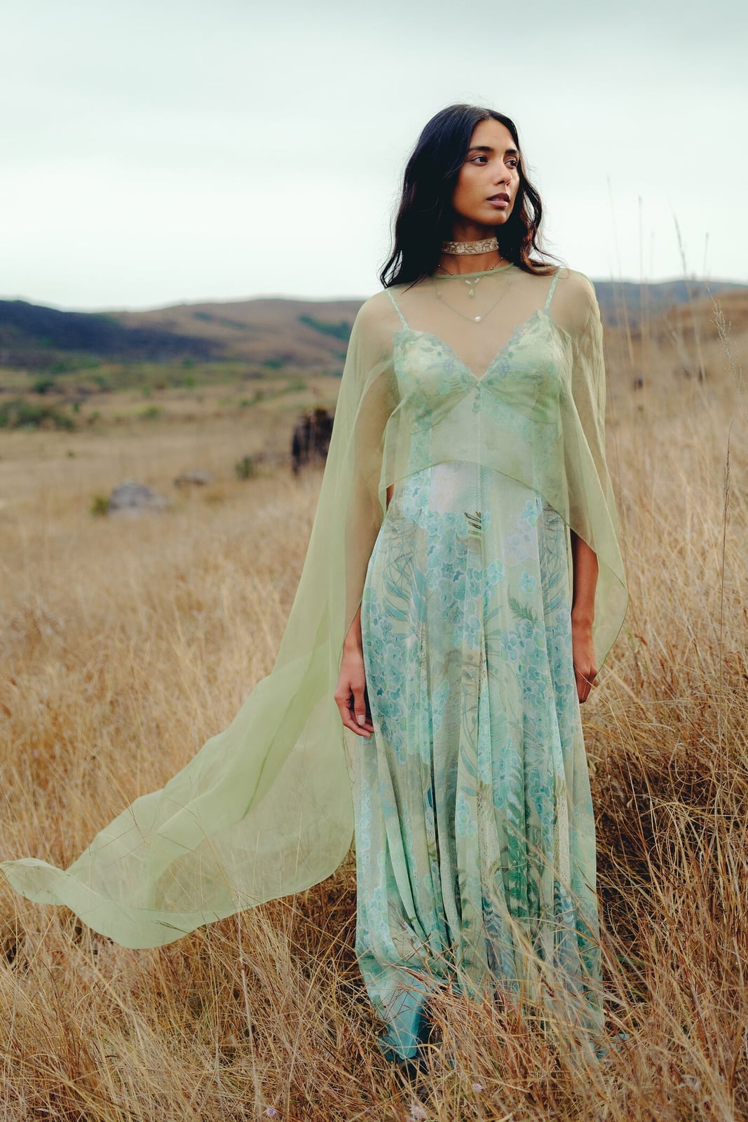 Sage green printed silk dress with sheer cape — Classy Sage Green Dress
