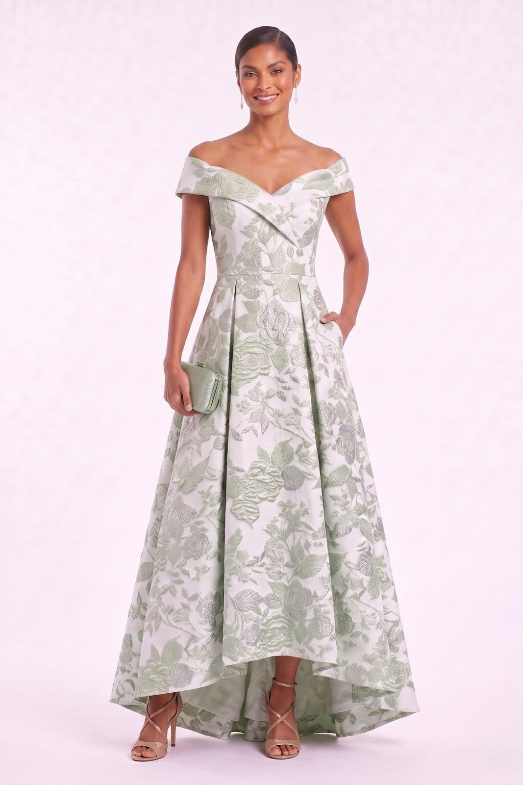 Sage green floral brocade off-the-shoulder high-low dress — Classy Sage Green Dress