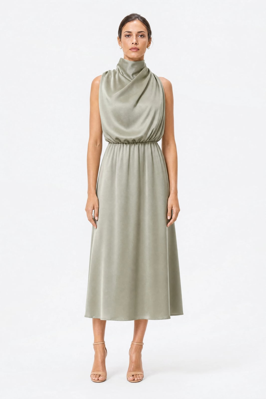 Sage green satin draped cowl neck midi dress — Classy Sage Green Dress
