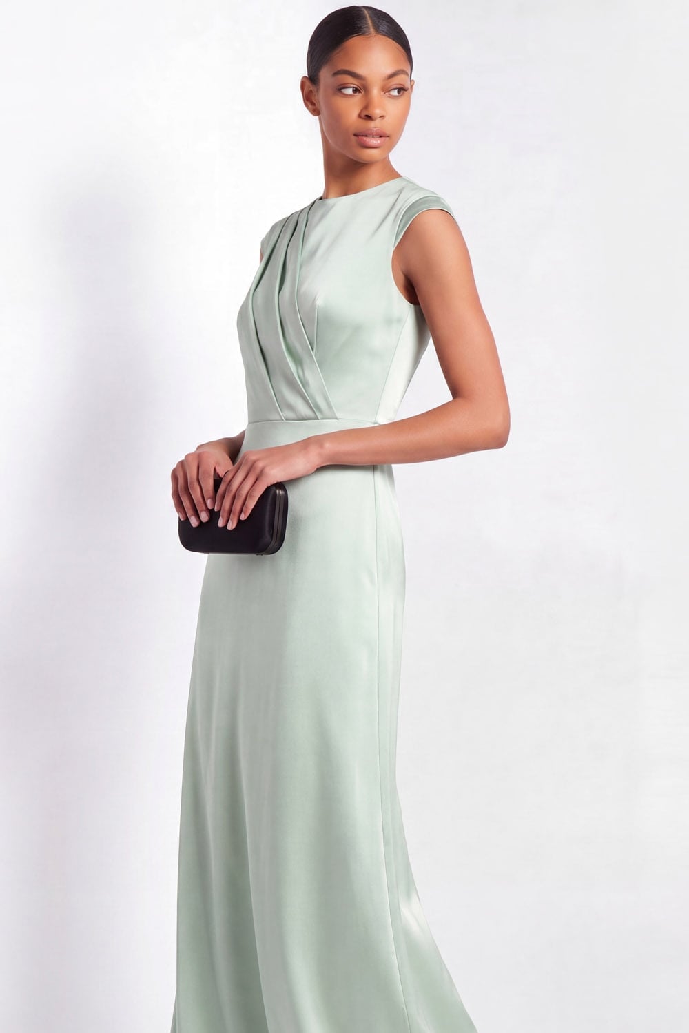 Sage green satin fitted maxi dress with cowl neck — Classy Sage Green Dress