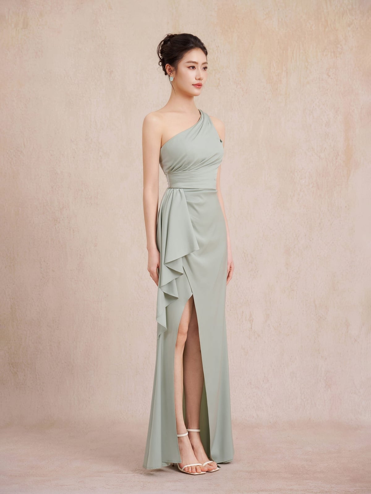 Sage green one-shoulder satin chiffon gown with ruffle detail — Classy Sage Green Dress