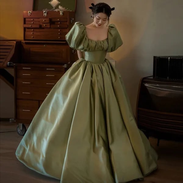 Sage green satin ball gown with square neckline and puffy sleeves — Classy Sage Green Dress