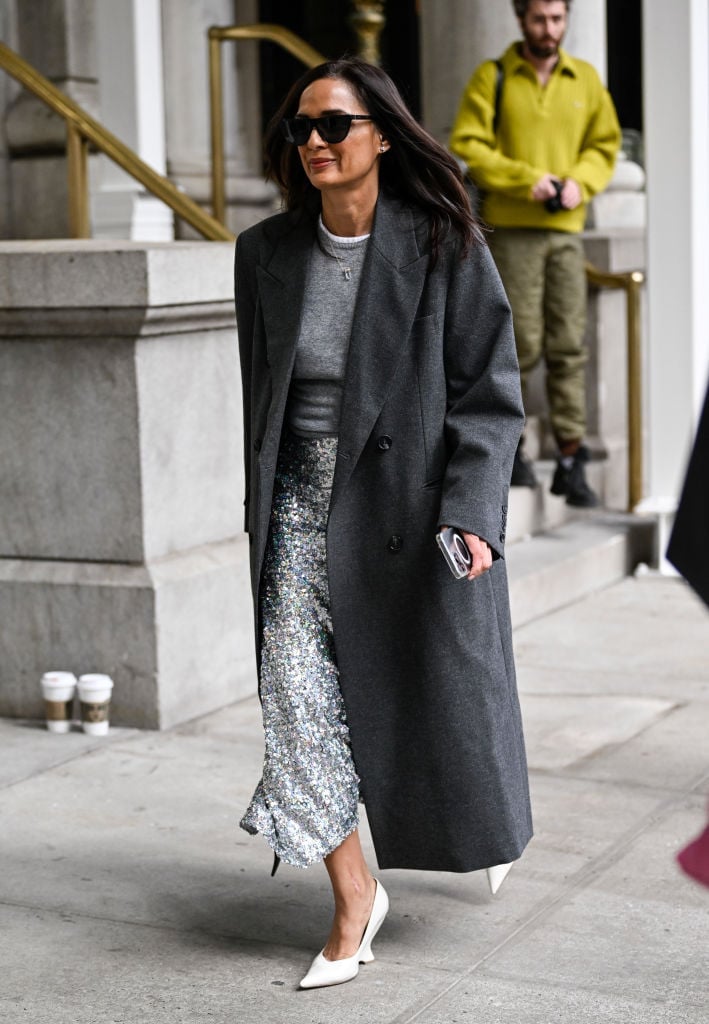 Silver Sequin Midi Skirt With A Gray Sweater And Wool Coat — Classy Sequin Skirt Outfit