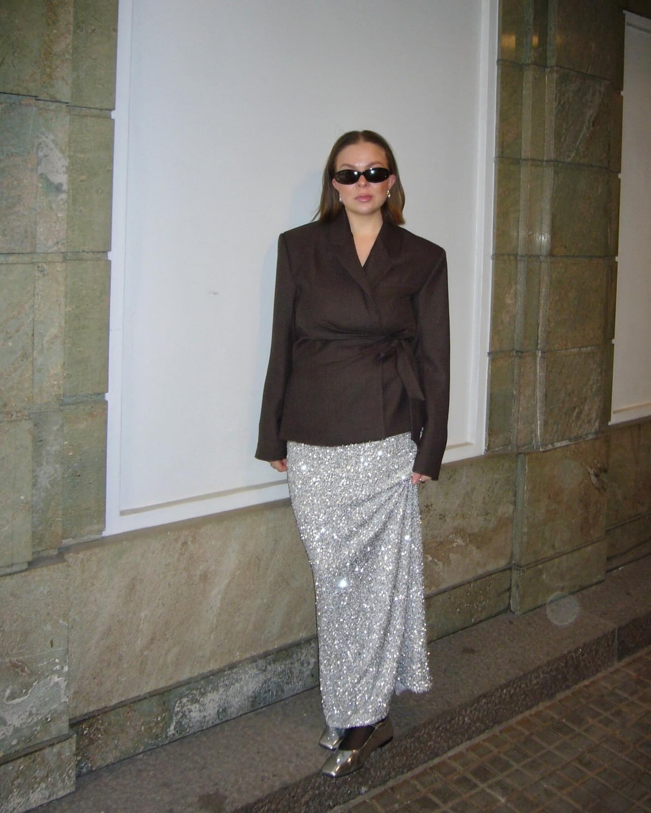 Silver Sequin Maxi Skirt With Oversized Brown Blazer — Classy Sequin Skirt Outfit