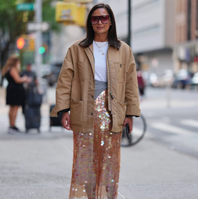 Iridescent Sequin Maxi Skirt With White T-shirt And Utility Jacket — Classy Sequin Skirt Outfit