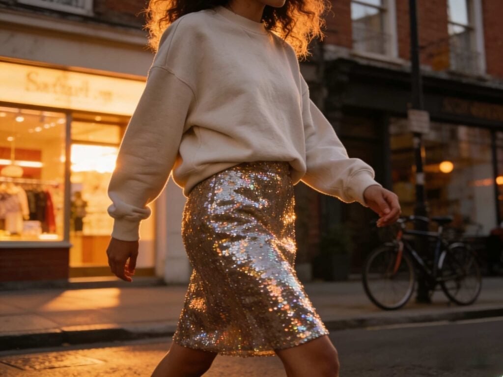 Gold Sequin Midi Skirt With Cream Oversized Sweatshirt — Classy Sequin Skirt Outfit