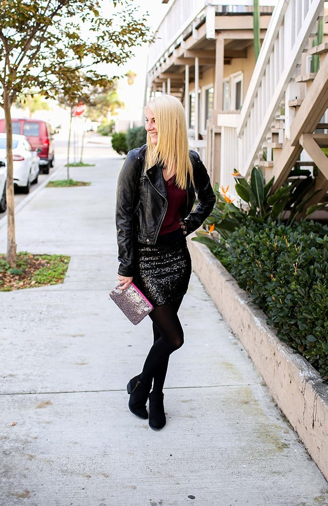 Black Sequin Mini Skirt With Biker Jacket And Ankle Boots — Classy Sequin Skirt Outfit