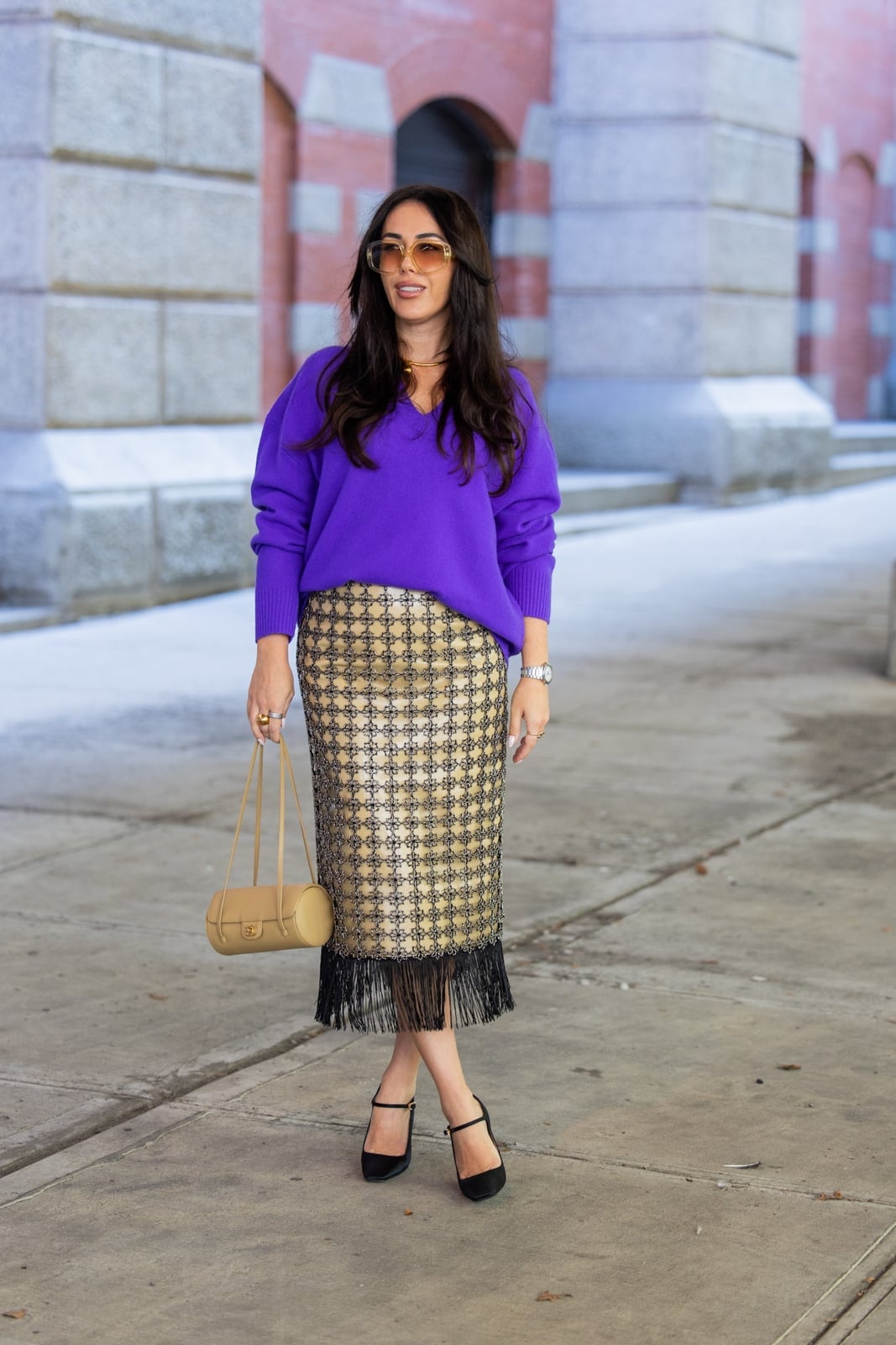 Metallic Fringed Midi Skirt With Purple Sweater — Classy Sequin Skirt Outfit