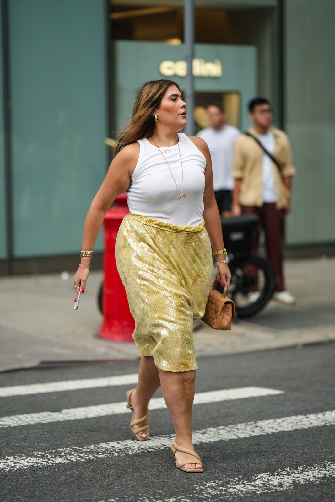 Yellow Sequin Midi Skirt With White Ribbed Tank Top — Classy Sequin Skirt Outfit