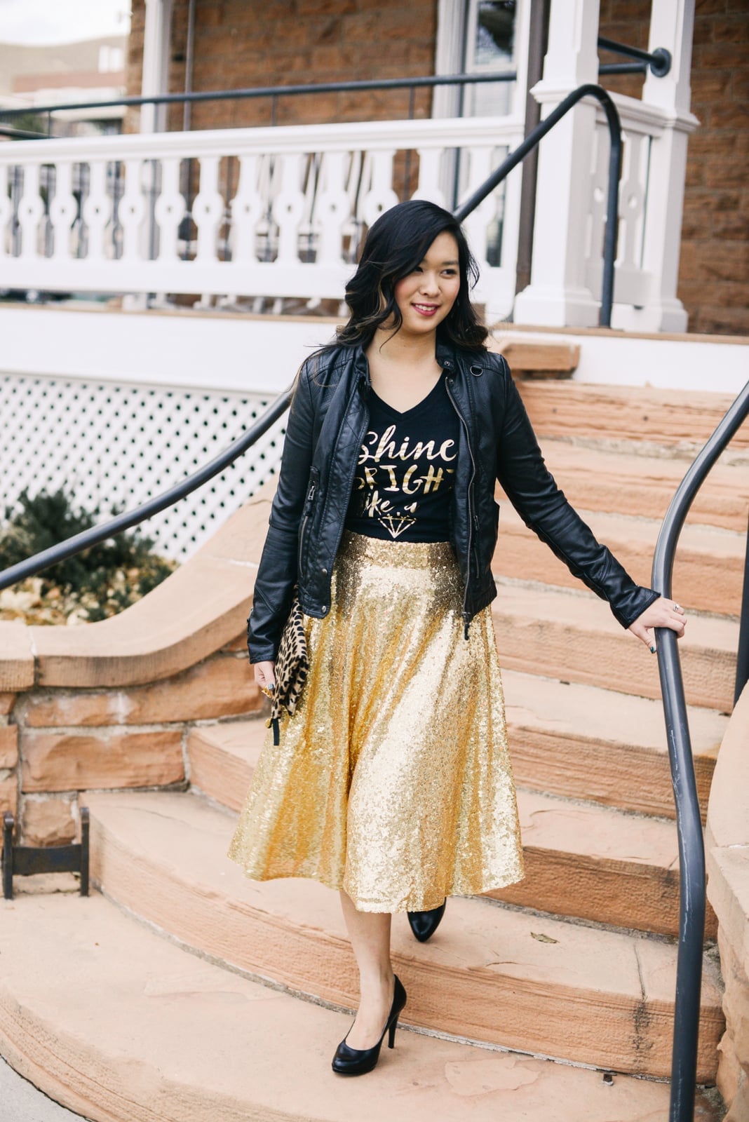 Gold Sequin Midi Skirt With Graphic T-shirt And Leather Jacket — Classy Sequin Skirt Outfit