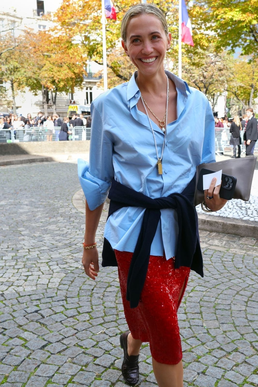 Red Sequin Pencil Skirt With Light Blue Button-Down, Close-Up Take — Classy Sequin Skirt Outfit