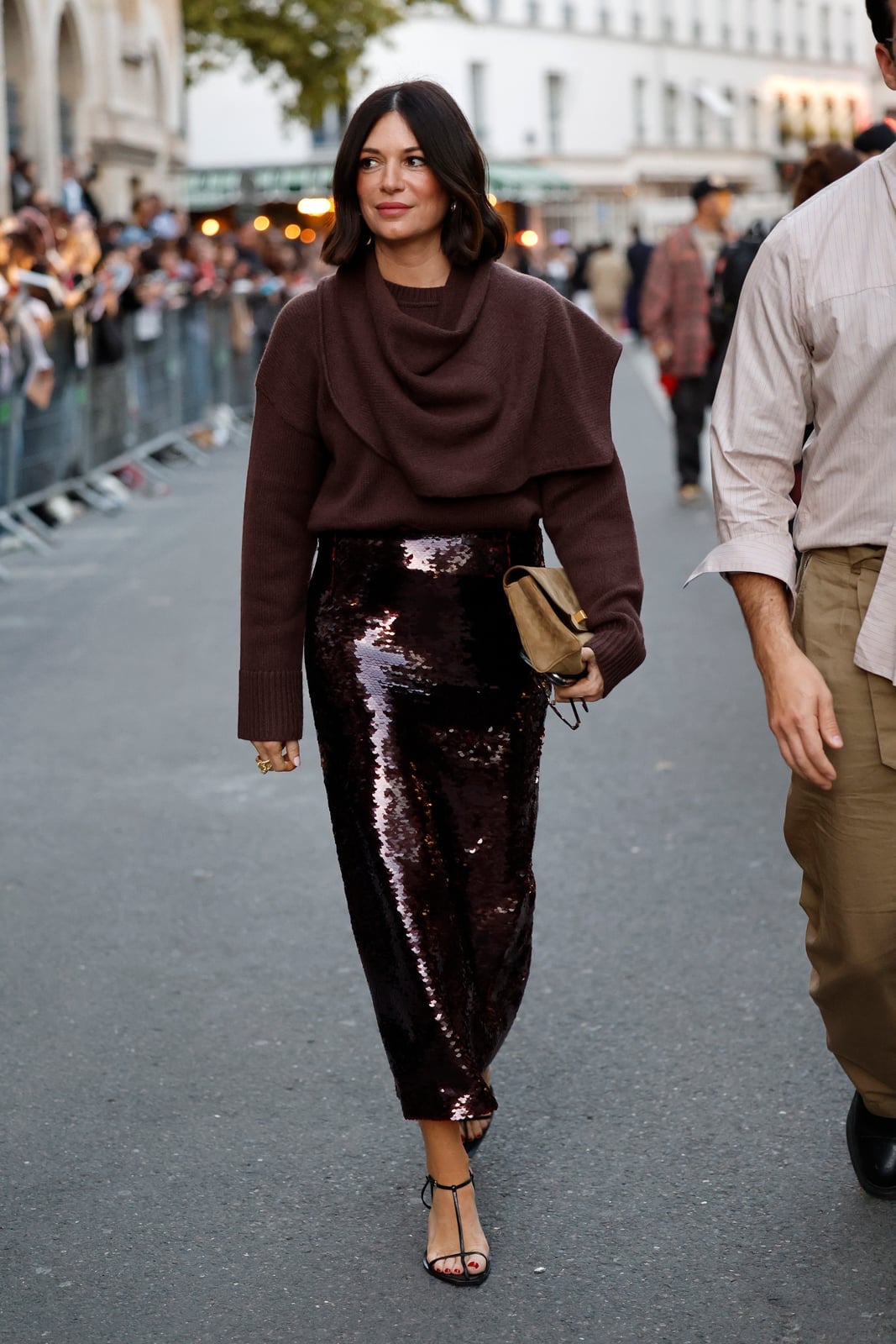 Bronze Sequin Maxi Skirt With Oversized Cowl Neck Sweater — Classy Sequin Skirt Outfit