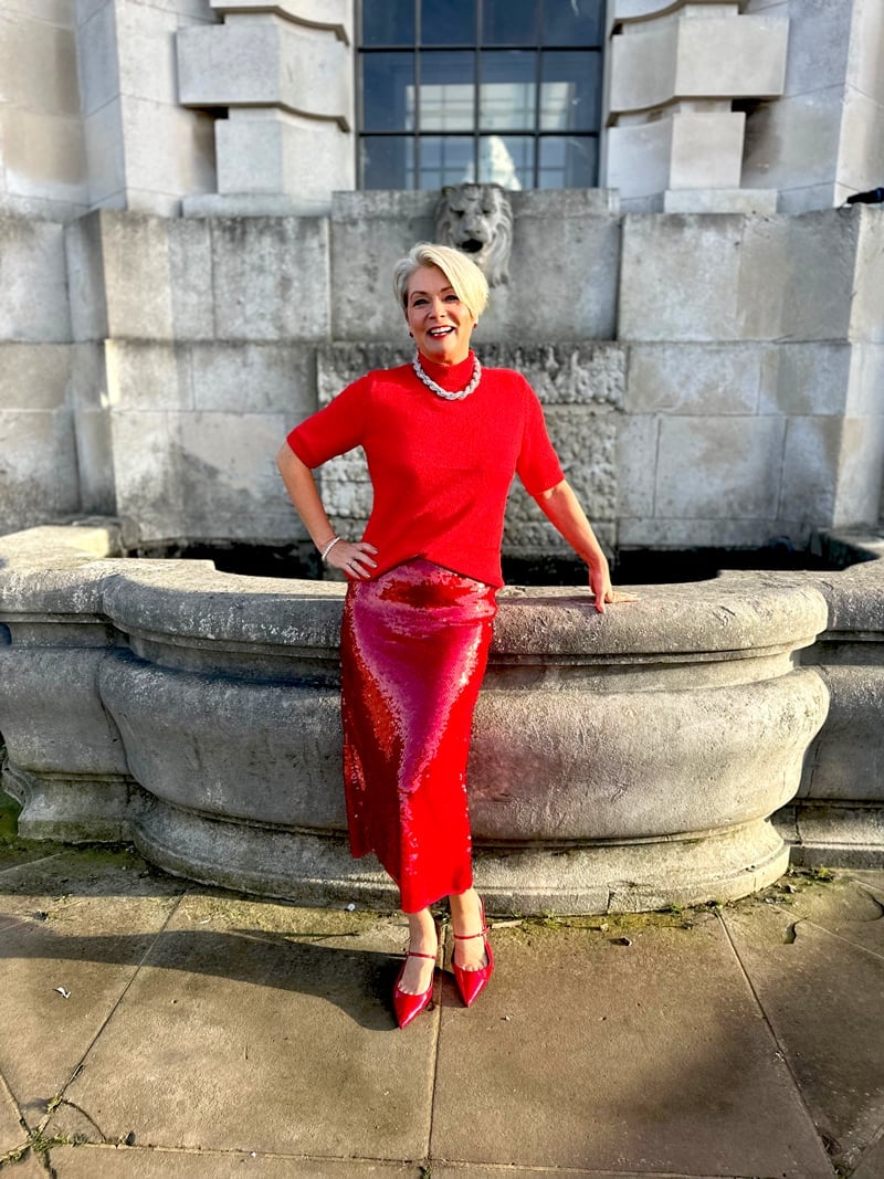 Red Sequin Midi Skirt With Red Knit Sweater — Classy Sequin Skirt Outfit