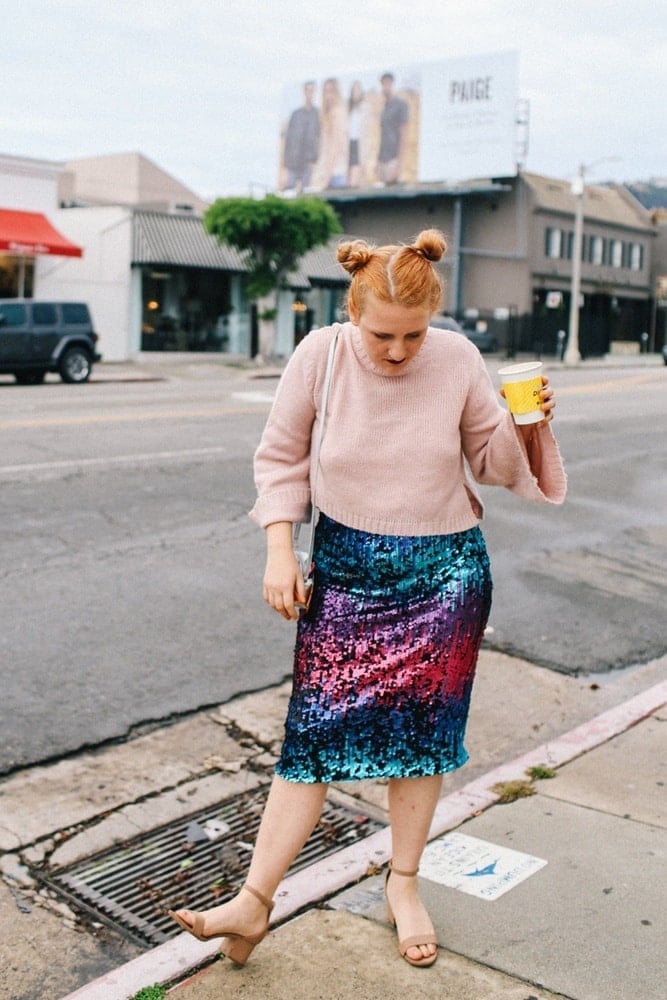 Rainbow Sequin Midi Skirt With Pink Knit Sweater — Classy Sequin Skirt Outfit