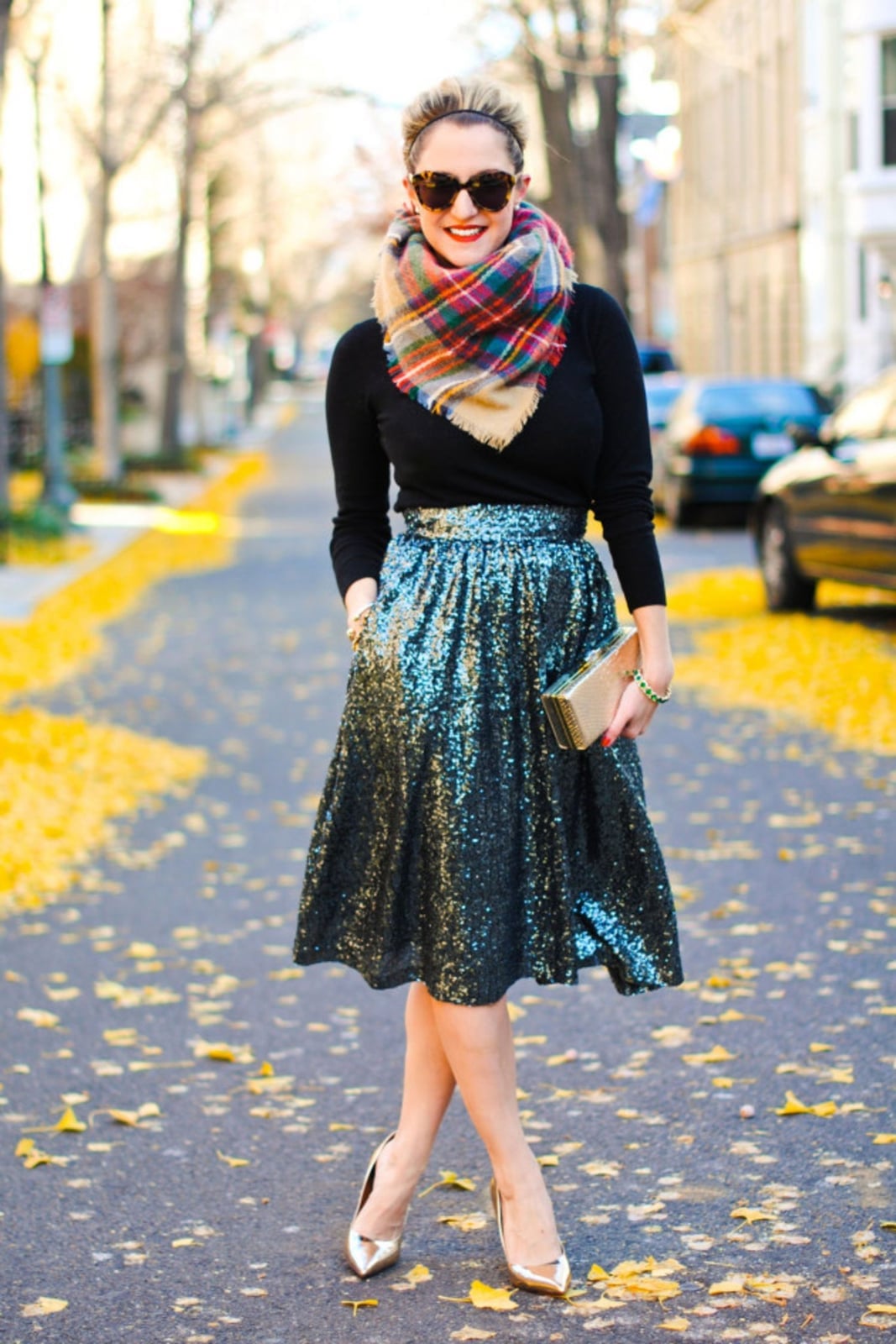 Teal Sequin Midi Skirt With Black Sweater And Plaid Scarf — Classy Sequin Skirt Outfit