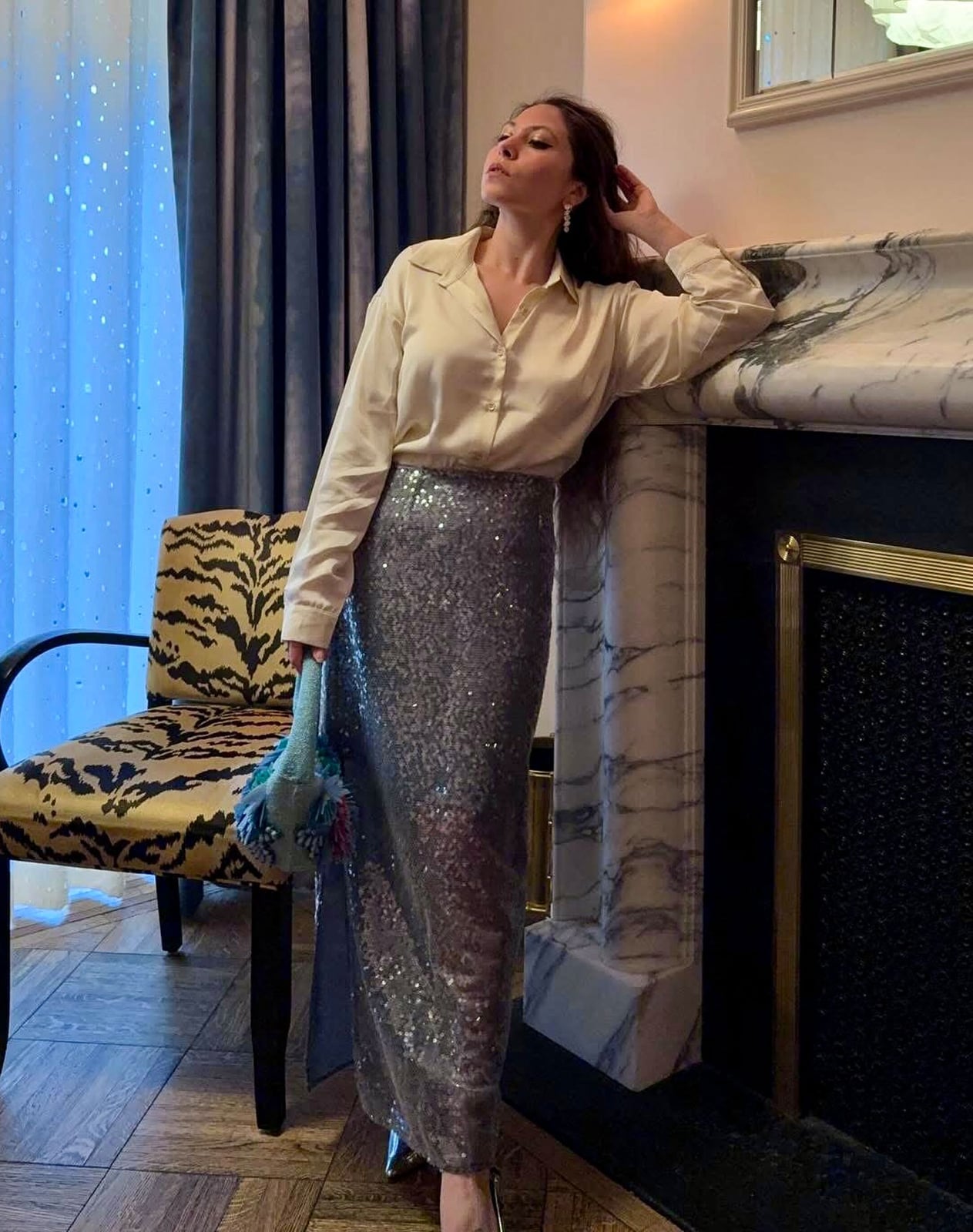 Silver Sequin Maxi Skirt With Cream Silk Button-Down Shirt — Classy Sequin Skirt Outfit