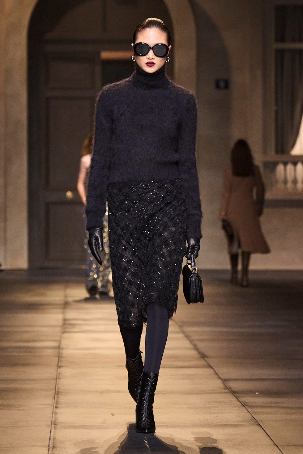 Black Sequin Midi Skirt With Fuzzy Turtleneck And Boots — Classy Sequin Skirt Outfit