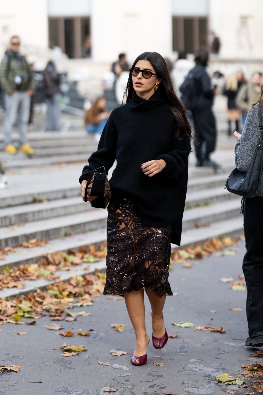Patterned Sequin Midi Skirt With Oversized Black Turtleneck — Classy Sequin Skirt Outfit