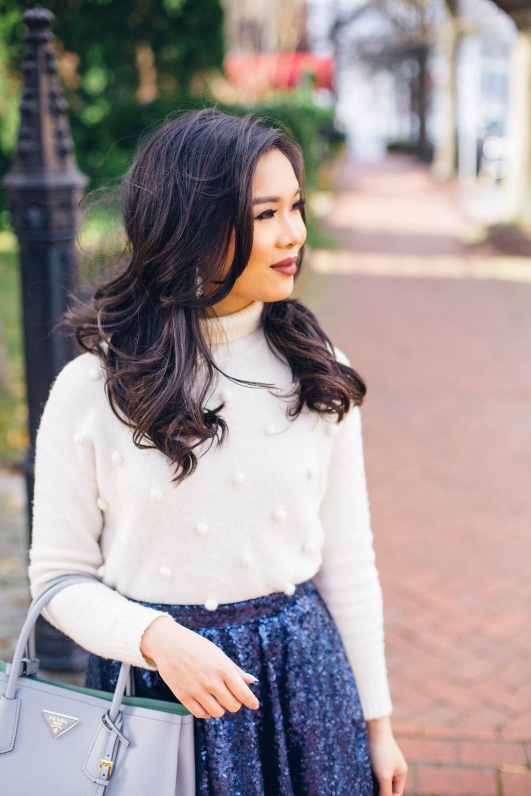 Navy Sequin Midi Skirt With Pom-Pom Knit Sweater — Classy Sequin Skirt Outfit