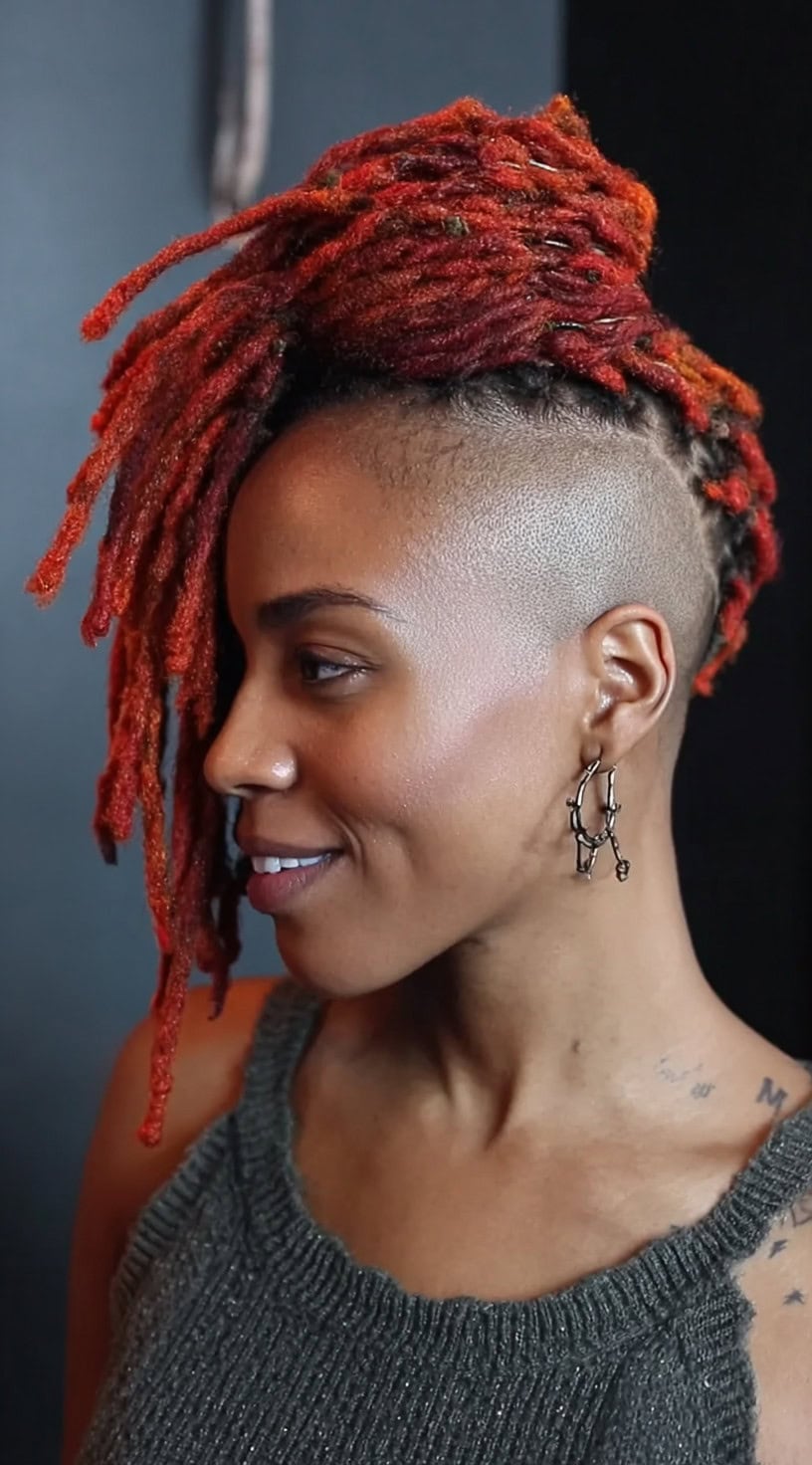 Collarbone Updo Vibrant Red Undercut Collarbone Updo Vibrant Red Undercut — Classy Short Locs