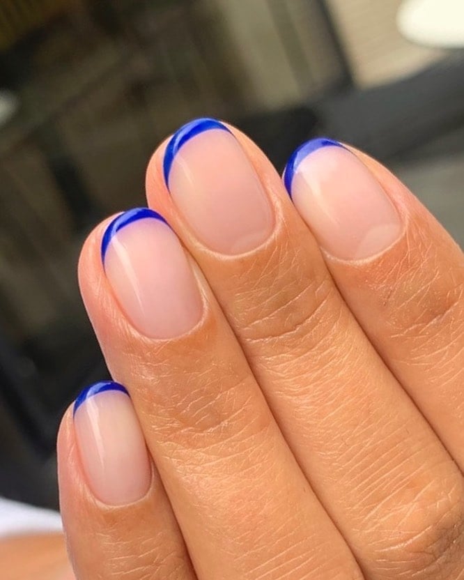 Nude Base Vibrant Blue Line Short Oval Nails — Classy Short Oval Nails