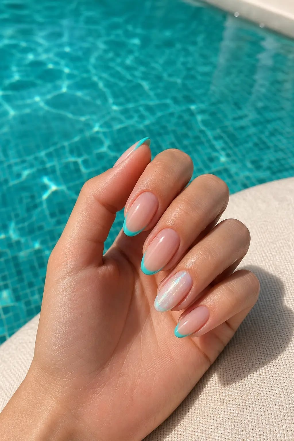 Nude Base Turquoise French Tip Marble Short Oval Nails — Classy Short Oval Nails