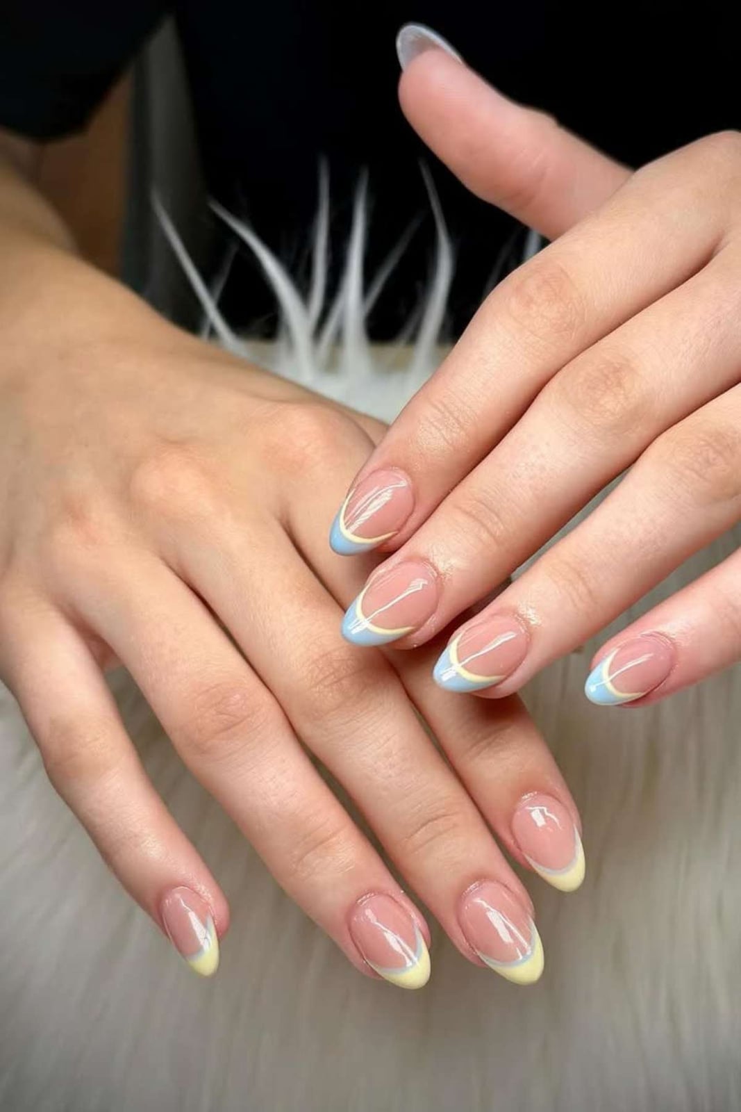 Nude Base Pastel Blue Yellow French Short Oval Nails — Classy Short Oval Nails