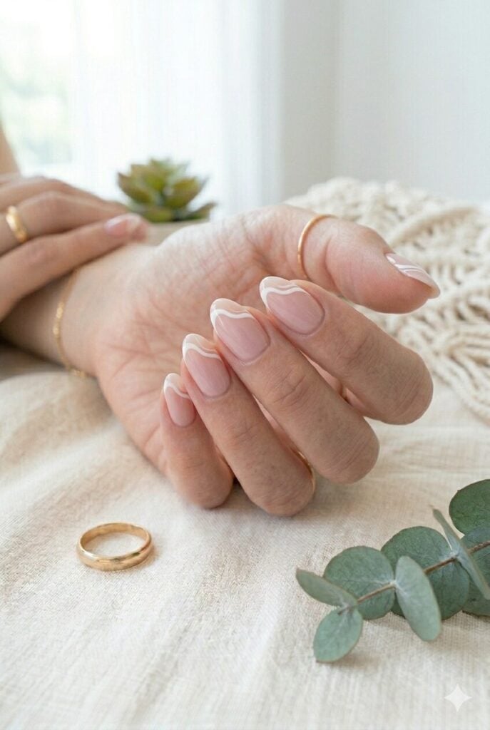 Nude White Heart Line Short Oval Nails — Classy Short Oval Nails