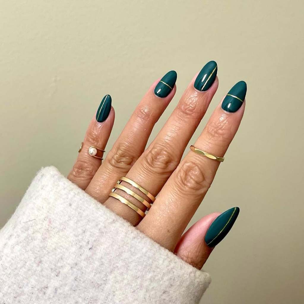 Deep Teal Gold Line Short Oval Nails — Classy Short Oval Nails