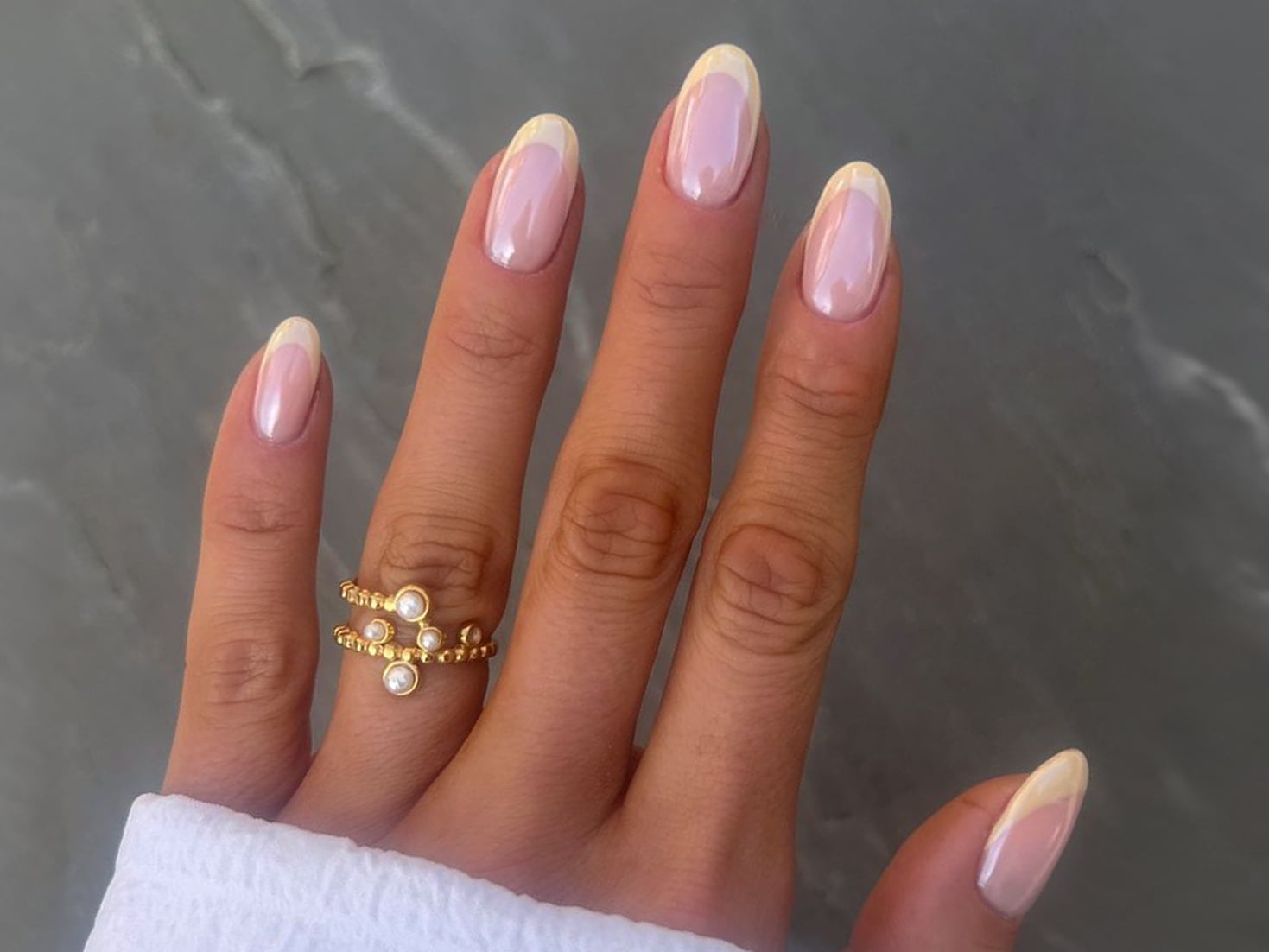 Sheer Pink Pale Yellow French Shimmer Short Oval Nails — Classy Short Oval Nails