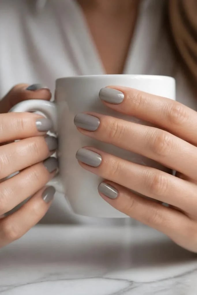Neutral Gray Glossy Short Oval Nails — Classy Short Oval Nails